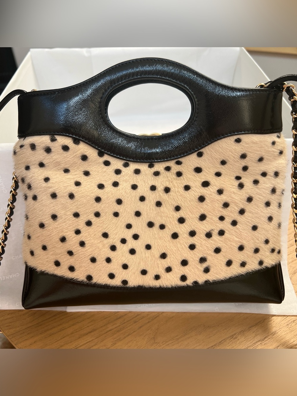 🐆 New 26A CHANEL Pony Hair Animal Print Black Mini 31 Bag Handbag Gold CC - Picture 4 of 12